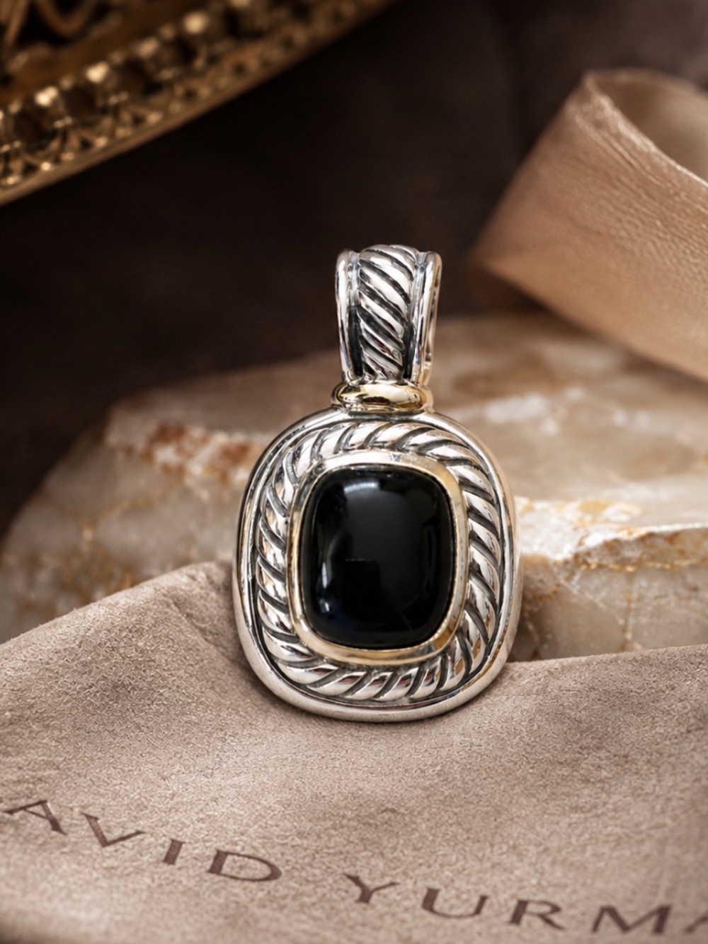 David Yurman Onyx Albion Enhancer Pendant Sterling Silver 14k Gold